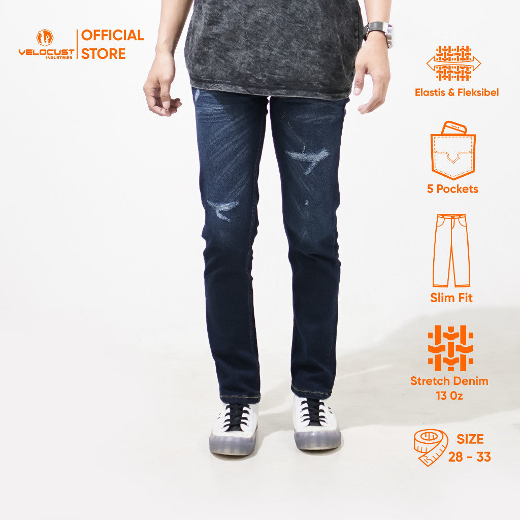 VELOCUST - Celana Jeans Slimfit Sobek Lapis Leather Patch Blue and Black Series