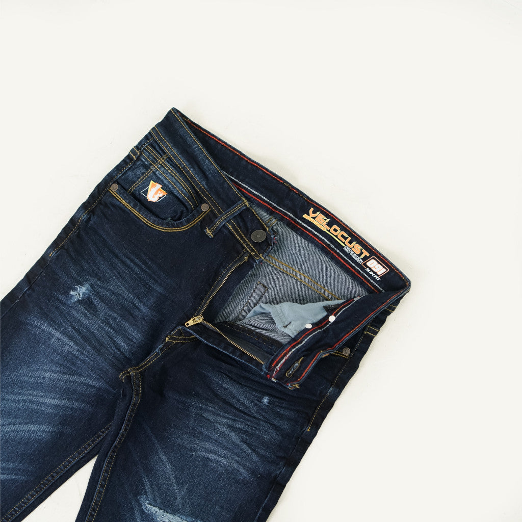 VELOCUST - Celana Jeans Slimfit Sobek Lapis Leather Patch Blue and Black Series