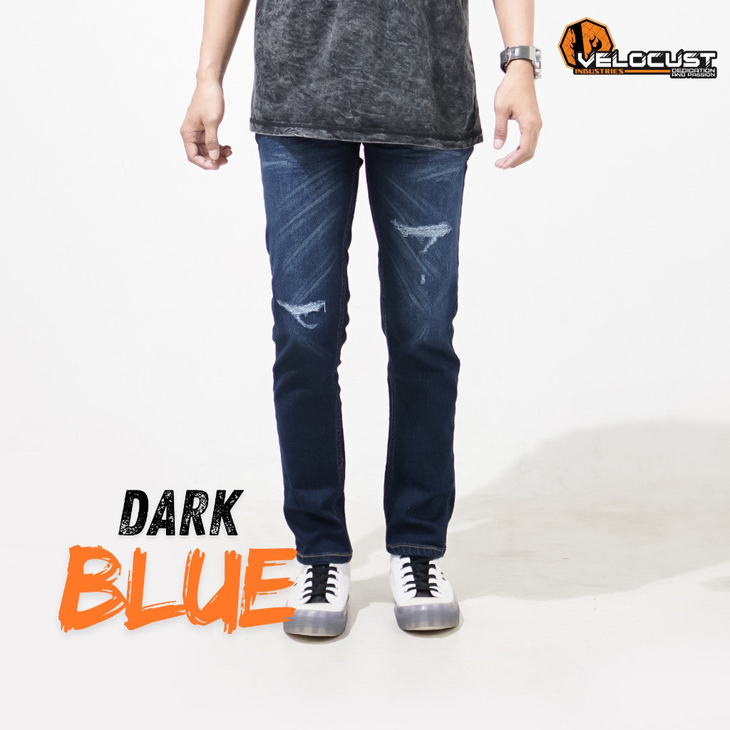 VELOCUST - Celana Jeans Slimfit Sobek Lapis Leather Patch Blue and Black Series