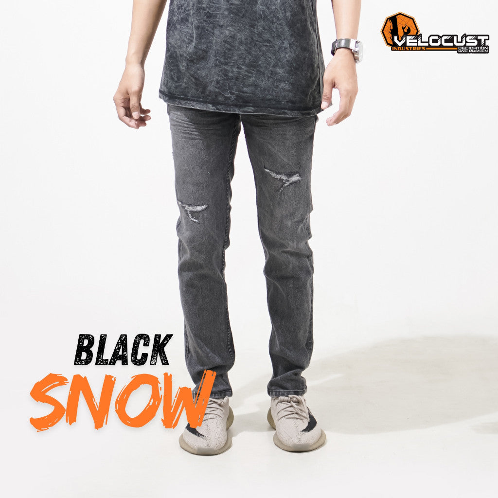VELOCUST - Celana Jeans Slimfit Sobek Lapis Leather Patch Blue and Black Series