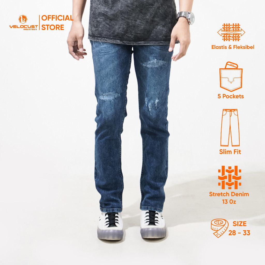 VELOCUST - Celana Jeans Slimfit Sobek Laser Blue Series