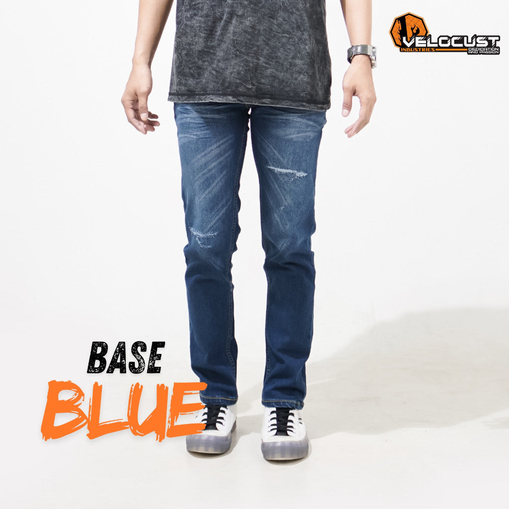 VELOCUST - Celana Jeans Slimfit Sobek Lapis Leather Patch Blue and Black Series