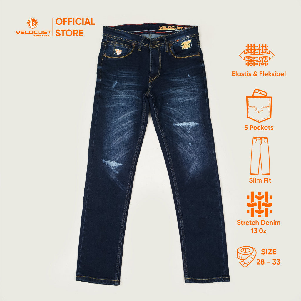 VELOCUST - Celana Jeans Slimfit Sobek Lapis Leather Patch Blue and Black Series