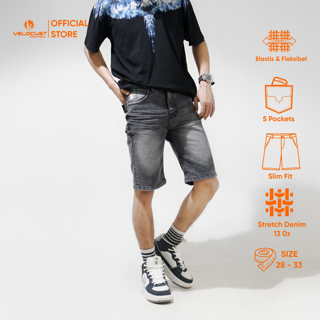 VELOCUST - FLEXUM Celana Pendek Jeans Slimfit Wringkle Black Series
