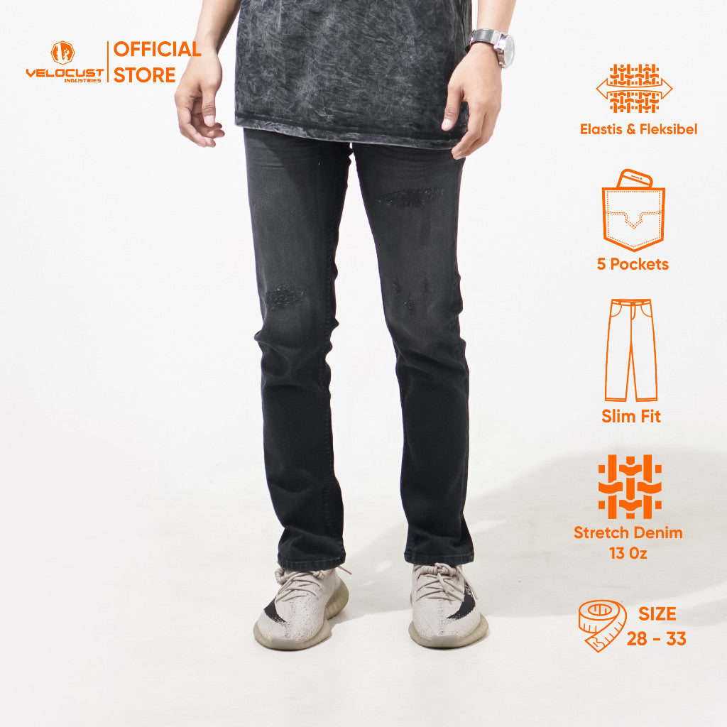 VELOCUST - Celana Jeans Slimfit Sobek Laser Black Series