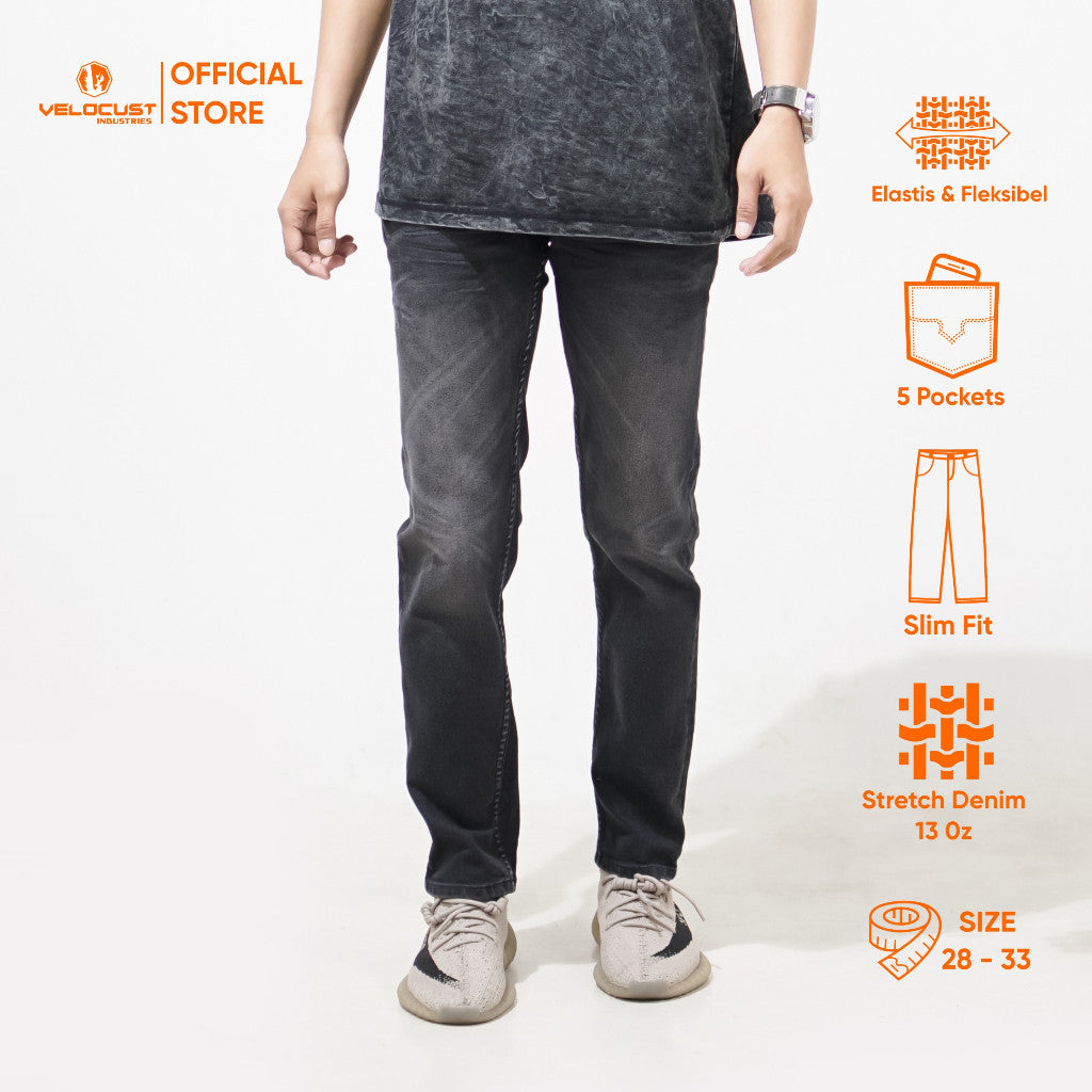 VELOCUST - Celana Jeans Selvedge Slimfit Wringkle Black Series