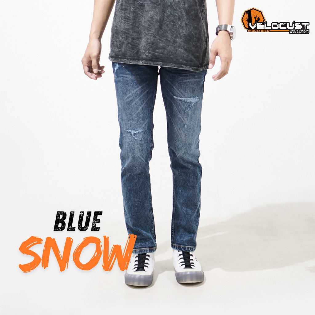 VELOCUST - Celana Jeans Slimfit Sobek Lapis Leather Patch Blue and Black Series