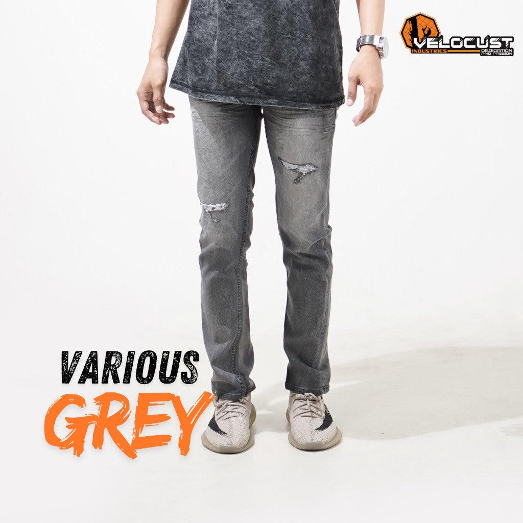 VELOCUST - Celana Jeans Slimfit Sobek Lapis Leather Patch Blue and Black Series