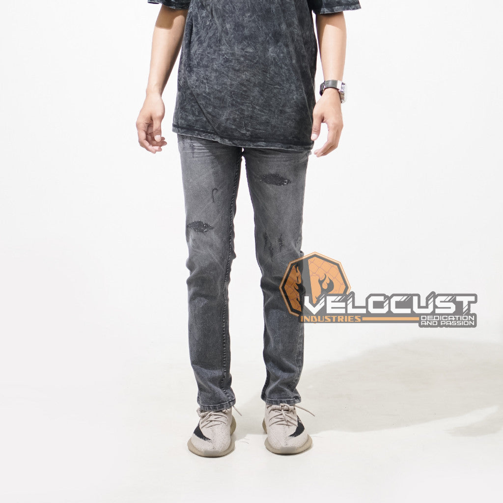 VELOCUST - Celana Jeans Slimfit Sobek Laser Black Snow Sandwash