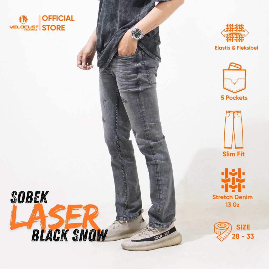 VELOCUST - Celana Jeans Slimfit Sobek Laser Black Snow Sandwash