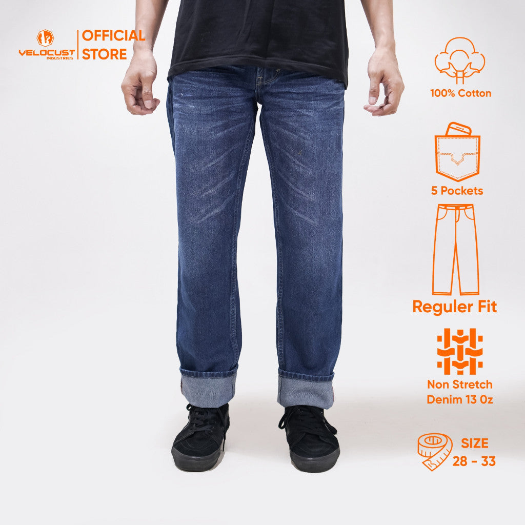 VELOCUST - ORTHOS Celana Panjang Jeans Selvedge Accent Wringkle Standard Reguler Fit Denim Washing 13 oz