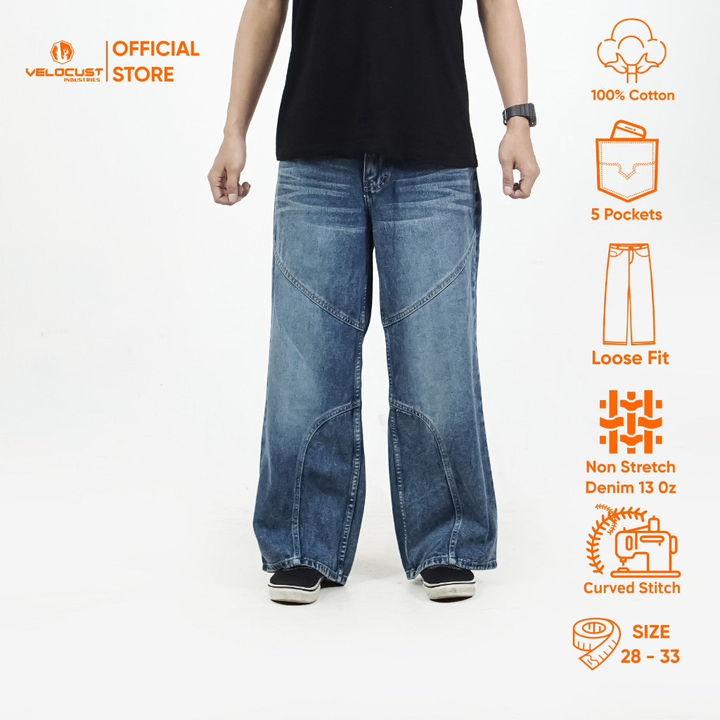 VELOCUST - CHIROPTERA Celana Panjang Jeans Lengkung Panel Curved Wave Stitch Washing Vintage Jeans