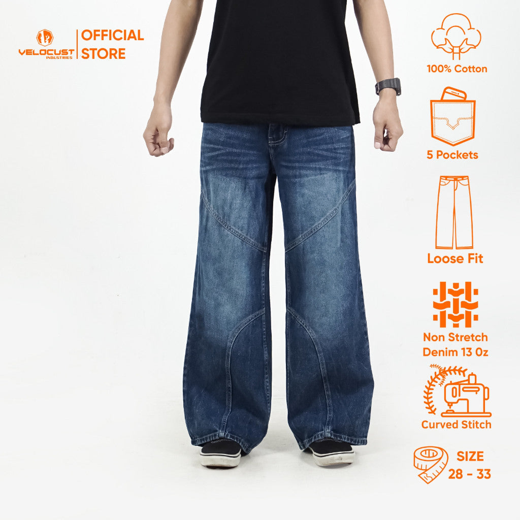 VELOCUST - CHIROPTERA Celana Panjang Jeans Lengkung Panel Curved Wave Stitch Washing Vintage Jeans