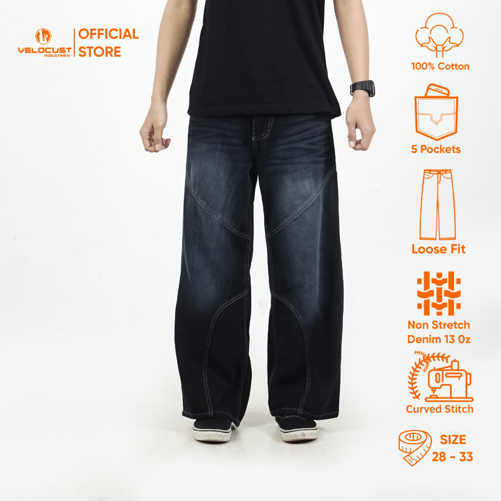 VELOCUST - CHIROPTERA Celana Panjang Jeans Lengkung Panel Curved Wave Stitch Washing Vintage Jeans