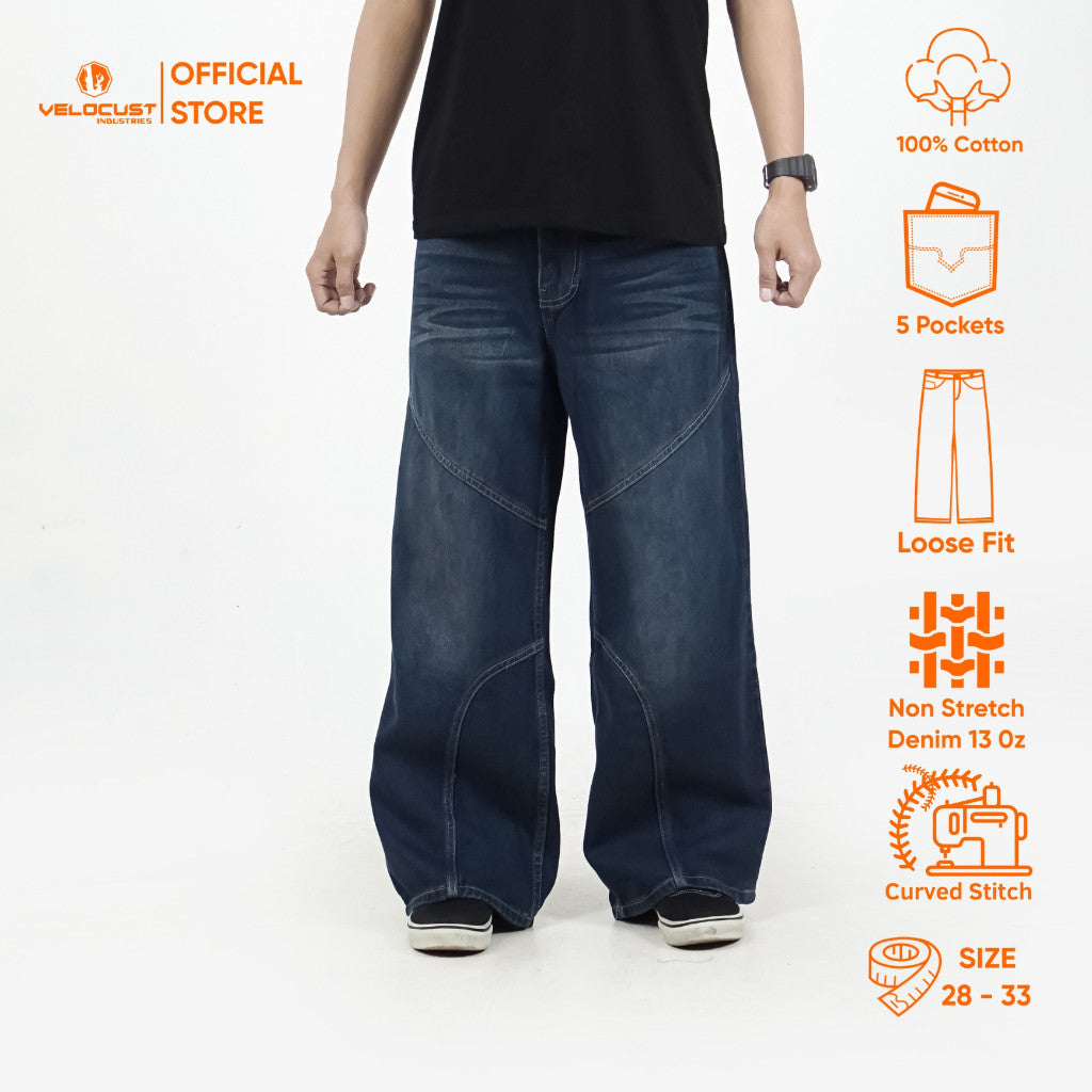 VELOCUST - CHIROPTERA Celana Panjang Jeans Lengkung Panel Curved Wave Stitch Washing Vintage Jeans