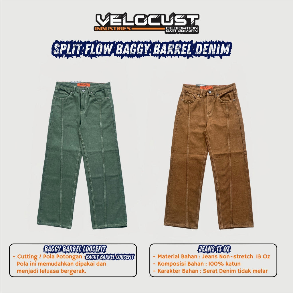 VELOCUST - STRATA Celana Panjang Jeans  Pecah Pola Split Flow Baggy Barrel Denim Earth Tone