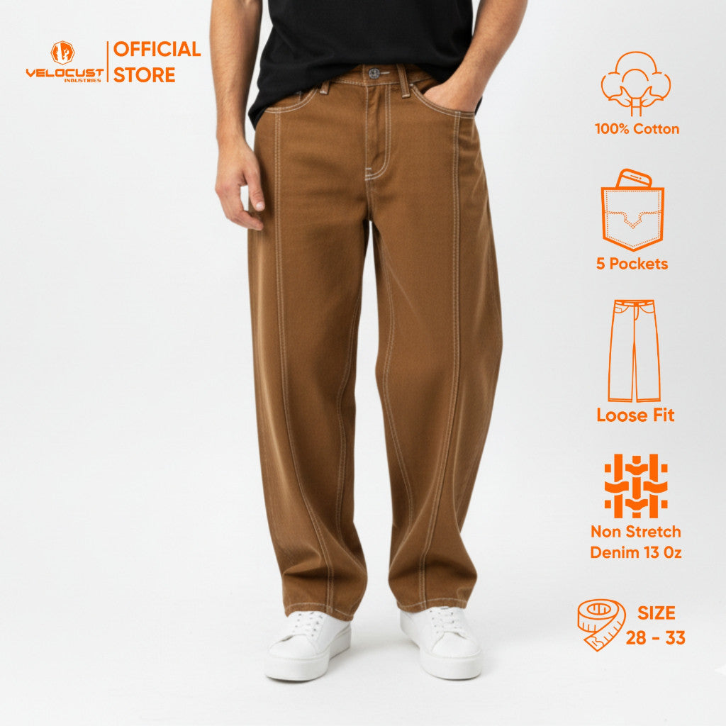 VELOCUST - STRATA Celana Panjang Jeans  Pecah Pola Split Flow Baggy Barrel Denim Earth Tone