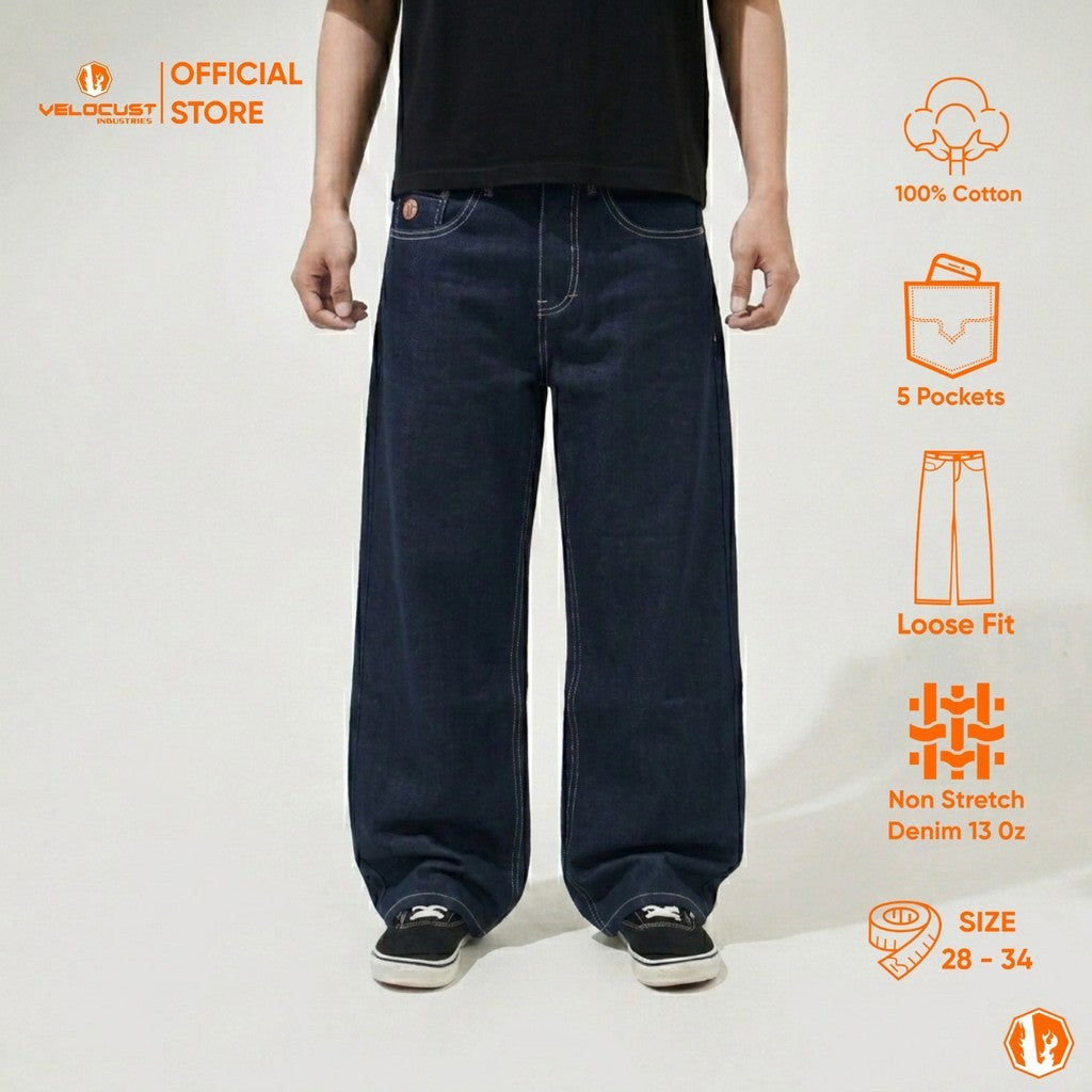 VELOCUST - GENESIS Celana Panjang Jeans Loosefit Loose Pants Raw Denim Indigo Blue & Black