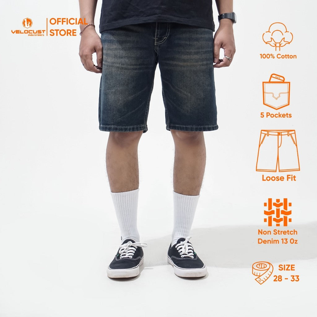 VELOCUST - MARINUS Celana Pendek Jeans Bermuda Wishker Denim Washing