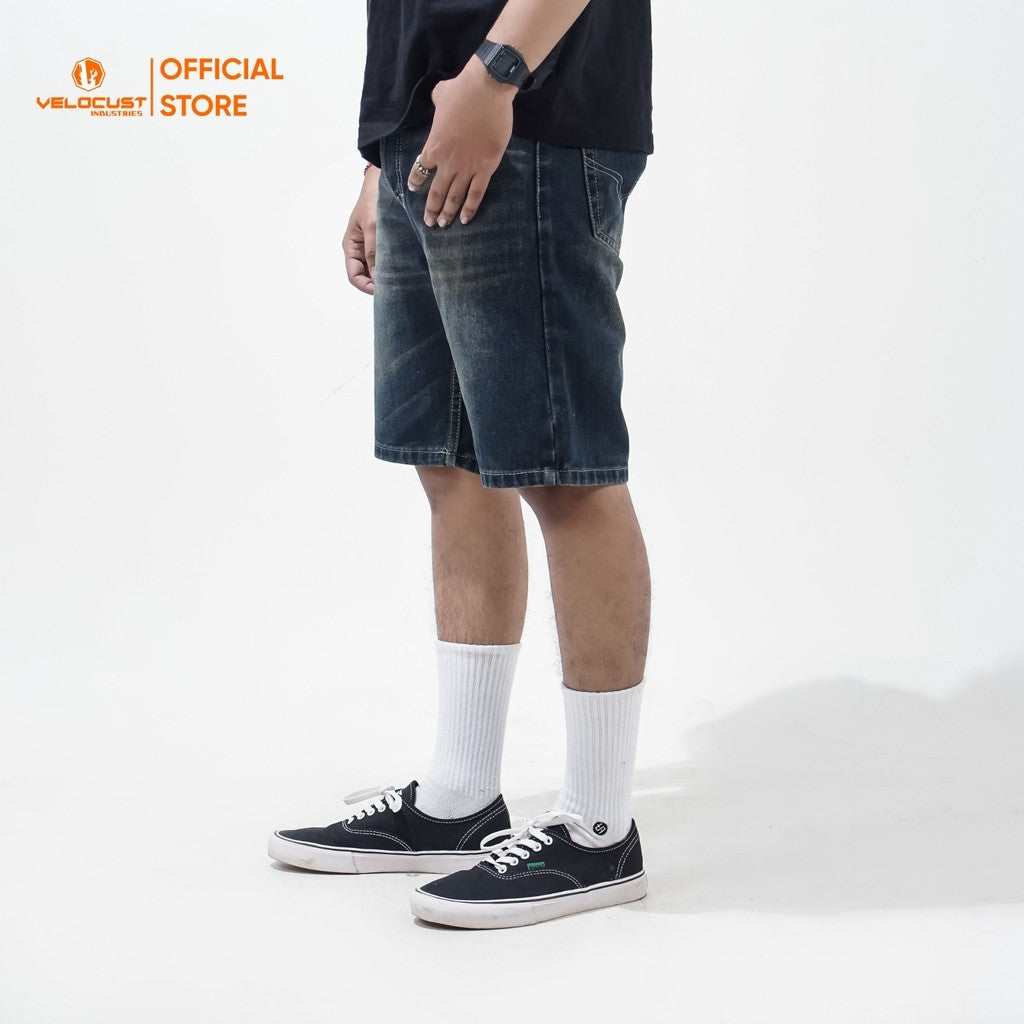 VELOCUST - MARINUS Celana Pendek Jeans Bermuda Wishker Denim Washing
