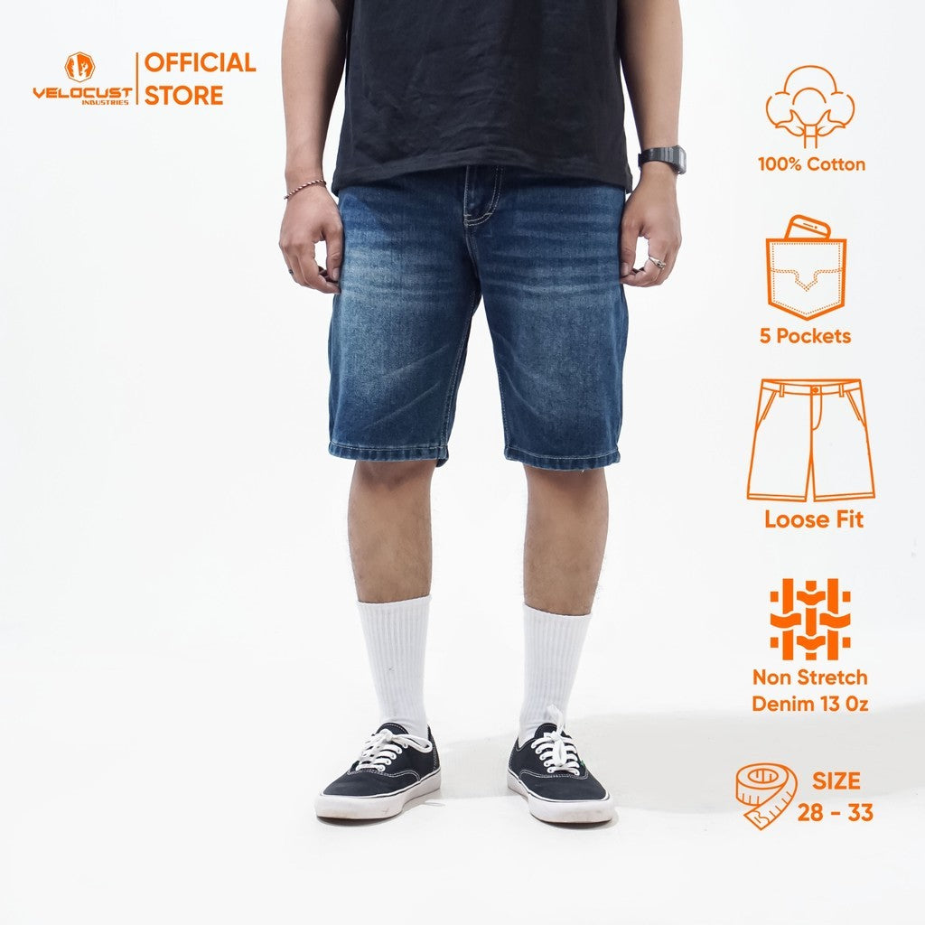 VELOCUST - MARINUS Celana Pendek Jeans Bermuda Wishker Denim Washing