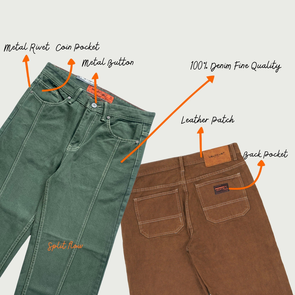 VELOCUST - STRATA Celana Panjang Jeans  Pecah Pola Split Flow Baggy Barrel Denim Earth Tone